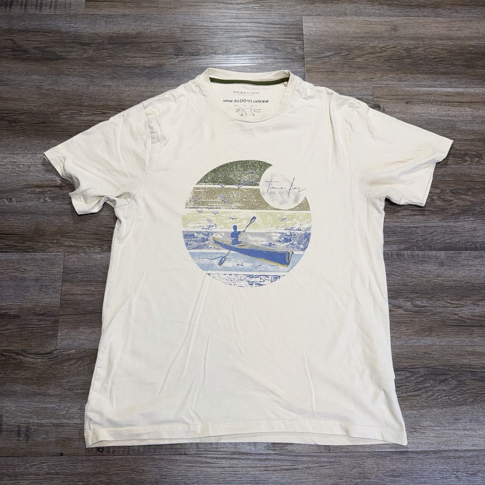 Denim & Flower Cream Short-Sleeve Graphic Shirt Mens Medium Kayaking Scene Print